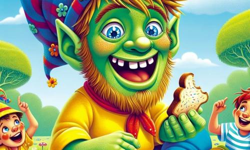 Un gigante gioioso di nome Gigi, con un grande sorriso splendente e occhi pieni di curiosità, è seduto sull'erba verde, indossando un enorme cappello a righe blu e rosse. La sua pelle è di un verde tenue, punteggiata di piccoli fiori colorati. Tiene un pezzo di pane nella sua mano gigante, pronto a condividerlo. Accanto a lui, un ragazzo di 8 anni di nome Marco, con i capelli castani arruffati e una maglietta gialla, ride mentre indica un pezzo di pane che Gigi sta per mangiare. Un'altra persona, una ragazza di 7 anni di nome Lucia, con trecce rosse e un vestito a pois, si nasconde dietro la gamba di Gigi, gli occhi brillanti di eccitazione. Il luogo è un campo soleggiato, punteggiato di fiori multicolori e circondato da alberi maestosi, sotto un cielo blu chiaro punteggiato di nuvole bianche e soffici. La scena principale mostra Gigi, il gigante, che condivide un allegro picnic con i bambini, ridendo insieme e gustando deliziosi cibi, creando un'atmosfera di felicità e amicizia.