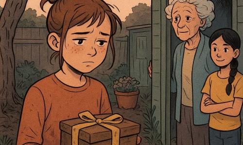 Lena, 12 jaar, peinzend gezicht en vochtige ogen, rechte houding maar gespannen schouders, rommelige bruine staart, vuile handen die een versleten houten doosje met vergeeld lint klemmen; mevrouw Aafje, circa 70, grijs haar als een wolk, gerimpelde zachte huid, staand in de tuinpoort met een melancholische, broze blik gericht op Lena; Noor, ongeveer 12, zwarte vlecht, verlegen lach, handen gekruist bij het tuinhek, nieuwsgierig toekijkend; kleine stedelijke tuin bij schemering rond de wortels van een oude kromme perenboom, donkere aarde, vervaagde groene houten schuurtje, verwelkte bloemen en nat geplaveide paden; Lena heeft net een oude brievenbox onder de boom opgegraven die half openligt met vergeelde enveloppen, de zachte avondlicht streelt papier en gezichten, sfeer van stille spanning en rustige besluitvorming, warme kleuren, contrast tussen bruine aarde en lavendelkleurige lucht.
