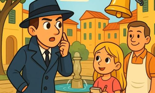 Un detective di nome Marco si trova accanto a una fontana di pietra, con uno sguardo determinato e curioso. Indossa un lungo cappotto blu e un cappello nero, i suoi occhi brillano di eccitazione mentre ascolta attentamente il suono di una campana. Accanto a lui, una bambina bionda di circa 8 anni guarda con meraviglia, vestita con un abito rosa e con un piccolo taccuino in mano. Un uomo di mezza età, il panettiere, è un po' in disparte, con un grembiule bianco e un sorriso amichevole, osservando la scena con interesse. La scena si svolge in una piazza italiana, illuminata da una luce dorata e circondata da case colorate. Marco ascolta il suono di una campana dorata che risuona in lontananza, mentre bambini e adulti si radunano attorno a lui, curiosi di scoprire il mistero del campanellino scomparso.