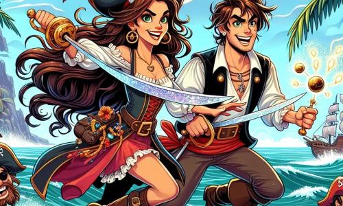 Scena o reprezintă pe Livia, o tânără pirată de aproximativ 30 de ani, cu părul lung și brun fluturând în vânt, purtând o pălărie mare de pirat împodobită cu pene colorate. Fața ei exprimă o determinare îndrăzneață în timp ce mânuiește o sabie strălucitoare, pregătită să-și apere comoara. Lângă ea se află Nelu, un băiat de 25 de ani, cu părul în dezordine și un zâmbet ștrengar, care jonglează cu mingi de tun, râzând în timp ce încearcă să distragă pirații inamici. În fundal, marea este agitată, cu valuri înspumate și un cer înnorat, în timp ce o insulă misterioasă se profilează la orizont, acoperită cu palmieri și flori strălucitoare. Situația principală arată cum Livia și Nelu se află în mijlocul unei bătălii împotriva piraților rivali, cu străluciri de lumină din săbiile lor și strigăte de aventură care răsună în aer, creând o atmosferă de tensiune și excitație.
