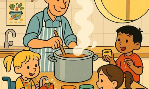 Ein großer freundlicher Küchenchef mit schiefer weißer Kochmütze, hochgekrempelten Ärmeln und gestreifter Schürze rührt mit einem Holzlöffel einen dampfenden Suppenkessel in der Tischmitte; daneben sitzt die etwa 8-jährige Mina mit braunen Zöpfen im blauen Rollstuhl und schneidet konzentriert eine kleine Zucchini auf einem Brett, rechts steht der etwa 7-jährige Karim mit kurzen schwarzen Haaren und zählt Nudeln in einer Tasse, links wäscht die etwa 6-jährige Leni mit blonden Zöpfen und bunter Schürze eine Tomate unter dem Wasserhahn und betrachtet sie stolz, die helle, warme Küche hat eine Holzarbeitsfläche, weiße Fliesen, Glasvorratsgläser, Kräuter in Töpfen und eine große runde Fensteröffnung mit goldenem Licht; alle kochen gemeinsam eine Gemüsesuppe, dampf steigt auf, bunte Schalen sind aufgereiht, eine einfache Rezeptkarte hängt an der Wand, die Szene wirkt einladend, inklusiv und kindgerecht, mit klaren Konturen, leuchtenden Farben und freundlichen Gesichtern.