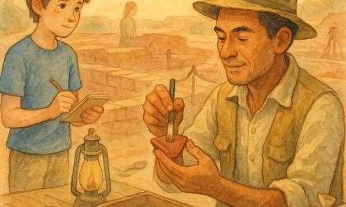 Un archeologo uomo dal viso sorridente ma concentrato, pelle bruna chiara, capelli corti neri brizzolati, con cappello kaki, camicia maniche rimboccate e gilet beige sporco di terra, tiene delicatamente un frammento di vaso rosso tra due dita e lo osserva con attenzione; un ragazzo stagista di circa 16 anni, capelli castani spettinati, maglietta blu e pantaloni beige, sta a sinistra con un taccuino e una matita pronto a prendere appunti vicino a un tavolo di legno; una collega donna sui 30 anni sfocata sullo sfondo per suggerire una squadra silenziosa; sito di scavo antico a Harappa al crepuscolo con terreno sabbioso, file di mattoni cotti, corde a segnare quadrati, piccole pale, un setaccio e una lampada a olio sul tavolo; scena principale: l'archeologo pulisce dolcemente il frammento con un pennello sottile, scatole con etichette e sacchetti numerati allineati, tavole a proteggere un muro fragile; atmosfera morbida, luci calde del tramonto, palette acquerello e tocchi testurizzati visibili.