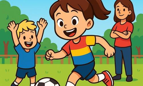Una giovane ragazza, Martina, di circa 10 anni, è su un campo da calcio verde. Ha i capelli castani raccolti in una coda di cavallo, un grande sorriso sul volto e gli occhi brillano di eccitazione. Indossa una maglietta colorata e dei pantaloni corti, pronta a calciare il pallone con energia. Accanto a lei, il suo amico Lucas, un ragazzo di 11 anni, ha i capelli biondi spettinati e indossa una maglietta blu. La incoraggia con entusiasmo, sollevando le braccia in aria. Più lontano, il loro allenatore, una donna di circa trent'anni, osserva con un sorriso orgoglioso, le braccia incrociate, pronta a dare consigli. Il campo è circondato da alti alberi verdi e da una recinzione di legno, con un cielo blu brillante e alcune nuvole bianche. Al centro, Martina si prepara a calciare il pallone, concentrata e piena di determinazione, mentre i suoi amici la incoraggiano con gioia.