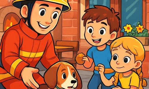 Un pompiere, un uomo di circa trent'anni, con un casco lucido e un'uniforme rosso vivo, sorride calorosamente. I suoi occhi brillano di determinazione e bontà mentre tende la mano verso un piccolo cane tremante, un beagle con grandi orecchie pendenti, che si avvicina timidamente. Accanto a lui, due bambini, un ragazzo di 8 anni di nome Luca, con capelli castani disordinati e una maglietta blu, e una ragazza di 7 anni di nome Lia, con trecce bionde e un vestito giallo, osservano con curiosità e sollievo. Luca tiene un biscotto in mano, pronto a darlo al cane, mentre Lia si accovaccia, con gli occhi pieni di speranza. La scena si svolge davanti a una panetteria pittoresca, con muri di mattoni rossi e finestre decorate con fiori colorati. Il pompiere, con un'espressione rassicurante, cerca di calmare il cane spaventato, mentre i bambini lo osservano con ammirazione, creando un'atmosfera di amicizia e aiuto reciproco.