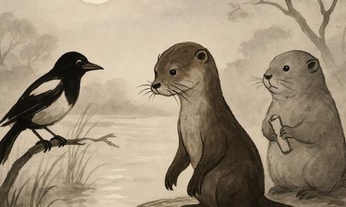 Milo, a thin otter with bright eyes and fine whiskers, appears thoughtful and gentle with glossy brown fur, paw-fin resting on a small reed mat while lightly holding it rolled and gazing at the river's mirror with a melancholic yet curious expression; Juniper, a magpie with striking black-and-white plumage, perches on a low branch to Milo's left, wings folded and playfully attentive as if encouraging him; the Magistrate Marmot, a plump gray marmot with a feather tucked behind his ear, stands slightly back on a log holding a small rolled parchment, watching hesitantly; the setting is a riverbank at dusk with thin waving reeds, wet smooth stones, silver reflections on calm water, a few gnarled trees in the background and a lavender sky with a pale moon; Milo uses a reed hoop-mat on the sand to pose a question to the river — an intimate, quiet scene with soft focus and contrast between dark silhouettes and pale washes of color for water and sky.