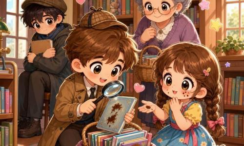 Um menino-detetive (≈9 anos) de cabelo castanho curto, olhos redondos e sorriso confiante, com um chapéu imaginário e uma lupa sobre a cara, inclina-se para observar a capa de um livro com manchas de chocolate; uma menina (≈7 anos) de tranças e vestido colorido, com migalhas de chocolate na boca, está sentada junto a um cesto de revistas e timidamente aponta para o livro; uma bibliotecária (≈60 anos) de cabelo grisalho em coque e óculos redondos sorri benevolente segurando o cesto junto à estante; um rapaz reservado (adolescente, ≈14 anos) de casaco e chapéu, tímido, segura um caderno de desenho no peito sentado num canto; interior de pequena biblioteca acolhedora com estantes de madeira, tapete redondo, grandes janelas e carrinho de revistas; momento de descoberta alegre com expressões de alívio e amizade e elementos kawaii (estrelas e corações), paleta viva com tons pastéis e contornos arredondados.
