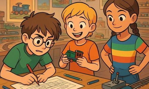 A 12-year-old boy, Oliver, with messy brown hair and round glasses, shows intense concentration and slight nervousness. He is leaning over a wooden workbench, surrounded by colored pencils and sheets of paper, drawing a complex diagram of the miniature station. Next to him, Maya, an 11-year-old girl with short blonde hair, smiles enthusiastically, holding a small plastic train in her hands, ready to use it in their challenge. Jo, another 12-year-old girl with braids and a colorful t-shirt, carefully observes the station's levers, hands on her hips, ready to help. The setting is a lively club room filled with train models, sparkling tracks, and colorful decorations for the festival, with posters on the walls. In the center, a large wooden table is covered with modeling materials, and soft lights illuminate the space, creating a warm and welcoming atmosphere. The main scene shows Oliver and his friends preparing for the impossible station challenge, with miniature trains lined up on the tracks, ready to be launched, while an atmosphere of excitement and camaraderie fills the air.