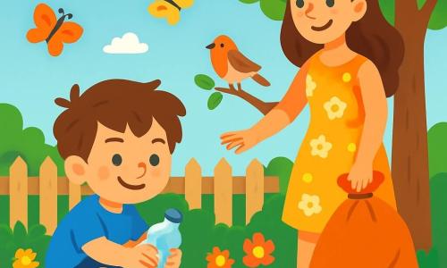 Een 4-jarig jongetje, Sam, met rommelig bruin haar en een grote blije glimlach, draagt een blauwe t-shirt en gele rubberen laarzen. Hij zit op de groene grasmat, met een plastic fles in zijn kleine handen en een vastberaden uitdrukking op zijn gezicht. Naast hem moedigt zijn moeder, een vrouw van rond de dertig met lang kastanjebruin haar in een bloemenjurk, hem aan met een warme glimlach, terwijl ze naast een boom staat. De scène speelt zich af in een zonnige tuin, vol met kleurrijke bloemen, fladderende vlinders en een klein roodborstje op een tak. Op de achtergrond is een houten hek en een blauwe lucht met donzige witte wolken te zien. Sam en zijn moeder verzamelen afval en maken hun tuin schoon, wat het belang van zorg voor de natuur laat zien.