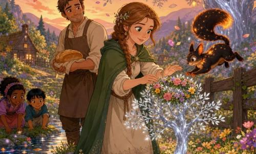 A young woman named Elowen with a gentle expressive face, light brown braided hair, bright green eyes and a calm focused smile wears a simple cream linen dress and green cloak as she places a flower crown on a small silver tree in a blessing gesture; a nearby neighbor, about 35, fair-skinned with short brown hair in peasant clothes and an apron stands slightly back holding a loaf of bread and smiling shyly at her; an ember-squirrel, cat-sized with black fur glowing orange, leaps on a nearby wooden fence, its luminous tail scattering soft sparks; behind them a large silver oak stands in the center of a glade with thin handlike branches and small lanterns like glowing fruit, petals and leaves drifting through the air; the scene is a twilight valley with pastel grass, wildflowers, mossy stones and a sparkling stream to the left reflecting lights and faces; warm, luminous, magical atmosphere—an intimate, friendly ceremony as Elowen crowns the young luminous tree while the neighbor offers bread and the glowing squirrel celebrates, fairy-tale style with warm oranges, greens and pinks and clean lines.