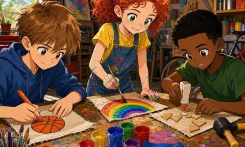 Three children, about 9 years old: Sam, a fair-skinned boy with light brown hair, sits left drawing an orange basketball on a fabric square; Lily, a very pale redheaded girl with curly hair in a ponytail, stands center painting a bright rainbow; Max, a warm-brown boy with short black hair, is right, gluing small wooden pieces to his fabric square. They work together in a bright garage-turned-studio with a wooden table covered in colorful fabrics, open paint pots, brushes, scissors and glue, a hanging lamp casting warm light over a concrete floor stained with paint, collaborating on a 