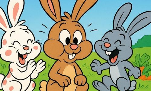 The main character is Benny, a light-brown rabbit, joyful and mischievous, round bright eyes and big floppy ears, puffing his cheeks and making a 