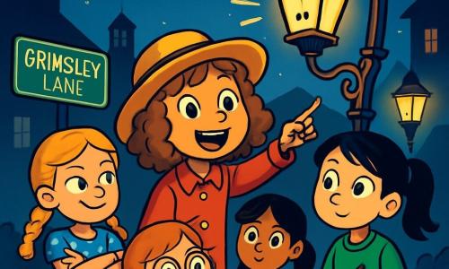 There are 4 children: - Marjorie: an 11-year-old girl with light brown curly hair, wearing a bright red coat and a straw hat. She stands in the center, eyes sparkling with excitement, pointing at the lamppost. - Lottie: a 10-year-old girl with braided blonde hair, dressed in a blue polka dot dress. She is to the left of Marjorie, arms crossed and a mischievous smile on her face, watching the lamppost. - Ivy: a 12-year-old girl with black hair in a ponytail, wearing a green sweater and jeans. She is to the right of Marjorie, holding a notebook and pencil, ready to take notes on the adventure. - Alice: an 11-year-old girl with round glasses and red hair, wearing a floral blouse. She is slightly behind, peering at the lamppost through her monocle, intrigued by the situation. The setting takes place on Grimsley Lane, a cobblestone street under a starry sky, where wrought-iron lampposts emit a golden light. Shadows dance on the walls of old houses, and luminescent flowers grow along the sidewalks, adding a touch of magic to the nighttime atmosphere. The main situation shows the children gathered around a seemingly alive lamppost, with a wrought iron face, emitting a faint grunt. They are in the midst of investigating the mystery of its howl, with expressions of curiosity and adventure on their faces.
