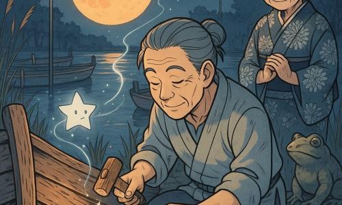 A calm, wrinkled man of about 50 with gray hair in a low bun crouches at the edge of a worn wooden boat, smiling and scraping the hull with a small polished wooden hammer; a proud, gentle 70‑year‑old woman with braided white hair in a chrysanthemum kimono stands slightly back on the shore with folded hands; a bowl‑sized silver star‑spirit floats by the bow casting a pale glow and thin luminous trails, while a sculpted stone frog guardian on a reed‑lined rock watches with a mossy eye; the setting is a small reed‑lined harbor under a large orange full moon, lanterns hanging, old boats with weathered planks and scattered autumn leaves; the main scene is a nocturnal boat repair with hands adjusting wooden slats and small spirit sparks, calm, intimate, slightly magical; graphic style: clear expressive lines, soft palette (midnight blue, silver, moon orange, wood brown), visible wood and fabric textures, and gentle contrasts.