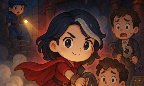 26-year-old woman with midnight hair and a silver streak, short red cape fluttering, discreet boots and a glowing bracelet, determined face, bright eyes and a resolute smile, firmly holding a large metal valve to stop it turning; ~30-year-old engineer in a dark oil-stained suit, guilty surprised expression, holding a large wrench and stepping back to the heroine’s right; ~45-year-old director in a pale immaculate suit, shocked, standing by a console in the background trying to hide papers; ~35-year-old policewoman in a blue uniform with a flashlight arriving down stone stairs from the left to secure the scene; setting: large cavern beneath a city bridge with black rock walls covered in green lichen, sparkling stalactites, thick rusty metal pipes, hot vapors forming soft clouds, red and blue emergency lights casting sharp shadows; main situation: tense heroic confrontation — the woman stops activation of a secret power network by preventing a giant valve from turning while engineers and the director react, rendered as a dynamic, colorful, cute chibi scene.