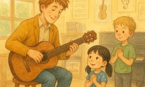 Um professor de música sorridente e afável, cabelo castanho-claro despenteado, veste casaco de lã mostarda e jeans, sentado num banquinho de madeira afinando um velho violão marrom gasto, com olhar concentrado e mãos calmas; à sua esquerda, uma menina de cerca de 8 anos, cabelos pretos em maria-chiquinha, vestido azul de bolinhas brancas, sentada num grande almofadão colorido, olhos maravilhados e mãos juntas como se ouvisse um segredo; à direita, um pouco atrás, um menino de cerca de 9 anos, cabelos loiros curtos, camiseta verde e calças cinza, aplaudindo suavemente com sorriso tímido; a sala de música escolar é acolhedora, com grandes janelas que deixam entrar luz dourada do fim de tarde, paredes amarelo-pálido com cartazes de notas e instrumentos, estantes de madeira com partituras, um canto de escuta com almofadas coloridas e fones grandes, um piano vertical preto e guirlandas de notas de papel; cena tranquila de ensaio antes do concerto, atmosfera suave em tons pastel aquarelados, texturas de papel visíveis e luz quente filtrada.