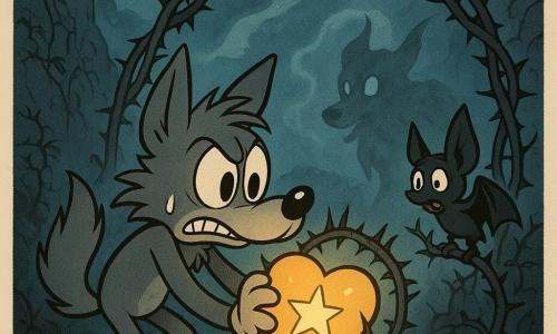 The main character is a small gray wolf with big ears, tousled fur and wide frightened eyes but a determined jaw, holding a glowing starry heart‑egg wrapped in a crown of thorns and pushing it into a circular black thorn-arch; a secondary character, Soot the small black bat with partially folded wings, perches on a thorny branch to the wolf’s right, worried but encouraging; another secondary figure, the Listener, is an ethereal elongated canine of smoke-gray fur and pale empty eyes, floating menacingly in the mist behind them. The scene is a narrow ravine at night with stone walls draped in thorny vines, damp ground and creeping white fog; the heart’s light pulses, thorns loosen, the mist and the smoky creature recoil, lit by the star’s glow and a pale moon in cool blues and grays with warm gold accents around the heart.