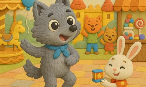 Wally, a small gray wolf with textured clay-like fur, joyful wide eyes and a smiling mouth, frozen mid-twirl with one paw raised and a shiny blue ribbon around his neck; Bella, a small white bunny with large pink ears and a polka-dot dress, grinning mischievously and holding a colorful music box to Wally's right; two village children made of clay (a fox and a squirrel) gently applaud in the background near a red-and-yellow bounce castle; the scene is a low-relief carnival square with multicolored flags, shiny balloons, garlands, wooden candy stalls, a golden carousel on the left, and a pastel tiled floor; main action shows a statues game: Wally frozen like a statue at center, music stopped, soft light, joyful colorful atmosphere, visible modeled textures, simple rounded shapes suitable for toddlers.