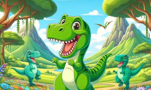 Un Tyrannosaurus Rex llamado Tiri, con piel verde brillante y ojos chispeantes de alegría, corre felizmente en un amplio valle lleno de flores coloridas. Tiri tiene una gran sonrisa en su rostro, mostrando sus dientes afilados, y sus pequeños brazos están levantados en el aire, como si estuviera disfrutando de un juego. Junto a él, dos brontosaurios amistosos, uno con piel azul clara y el otro verde, están de pie, estirando sus largos cuellos para alcanzar las hojas de los árboles. Miran a Tiri con expresiones alegres, listos para jugar. El lugar es un hermoso valle verde, rodeado de majestuosas montañas bajo un cielo azul claro, salpicado de algunas nubes blancas y esponjosas. Árboles gigantes con hojas exuberantes se alzan alrededor, y frutas coloridas cuelgan de sus ramas. La escena principal muestra a Tiri y sus amigos jugando juntos, corriendo y riendo bajo el sol, mientras pterosaurios vuelan alegremente en el cielo, añadiendo un toque de magia a esta escena de amistad y aventura.