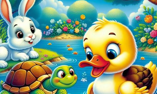 Um pato alegre chamado Pipo, com penas amarelas brilhantes e um bico laranja, nada em um lago azul cintilante, com os olhos brilhando de excitação enquanto procura sua bolinha vermelha. Ao seu lado, uma tartaruga chamada Tuca, com uma carapaça verde e olhos suaves, observa atentamente o pato, pronta para ajudá-lo em sua busca. Um coelho chamado Roni, com pelagem branca e orelhas grandes, está sentado na margem, pulando de impaciência, pronto para se juntar aos amigos na procura. O cenário é encantador, com flores coloridas ao redor do lago, árvores majestosas balançando suavemente ao vento e um céu azul salpicado de nuvens fofas. A cena captura o momento em que Pipo, Tuca e Roni se reúnem para procurar a preciosa bolinha vermelha, cheios de esperança e amizade.