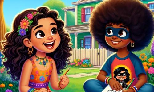 No primeiro plano, uma menina de 10 anos, Maria, com cabelos castanhos e cacheados, usa um vestido colorido e um grande sorriso no rosto. Cheia de energia e entusiasmo, ela segura um caderno de desenhos, pronta para compartilhar suas ideias criativas. Ao lado dela, Lúcia, outra menina de 10 anos, com cabelos negros e crespos, veste uma camiseta com estampas de super-heróis. Com um olhar tímido, mas determinado, ela também segura um caderno cheio de desenhos de seus personagens de quadrinhos. O cenário é um jardim ensolarado, com flores coloridas e árvores verdes. Ao fundo, há uma casa acolhedora com uma cerca de madeira, simbolizando um bairro amigável. A cena mostra Maria e Lúcia sentadas na grama, trocando ideias e rindo juntas, ilustrando sua amizade e paixão pelo desenho, celebrando a tolerância e a criatividade.