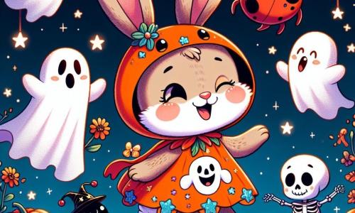 Benny, a small rabbit with big ears and soft brown fur, wears a shiny orange costume adorned with stars and a funny ghost. He has a big smile on his face, overflowing with joy, as he jumps enthusiastically in the middle of the scene. Next to him, Lucy, a red ladybug with black spots, flies joyfully, her sparkling wings reflecting the moonlight. She laughs and claps, full of energy and excitement. A little further away, Sammy, a dancing skeleton with white bones and a wizard hat, performs funny dance moves, displaying a mischievous grin. The scene takes place in a festive street decorated with illuminated pumpkins, floating ghosts, and sparkling light garlands, under a starry night sky. Benny and his friends are having fun dancing and playing together, celebrating the magic of Halloween in a joyful and colorful atmosphere.