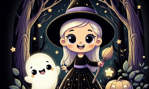 A 5-year-old girl named Lily stands at the center of the scene, smiling and full of enthusiasm. She wears a sparkling witch costume with a black dress and golden stars, a pointed hat adorned with a purple band, and holds a small wooden broom. Her eyes shine with curiosity and excitement as she looks around. Next to her, a friendly ghost named Casper floats joyfully. He has a smiling face and round eyes, and is translucent with soft edges, adding a touch of magic to the scene. In the background, a mysterious forest looms with large, gnarled trees and leaves shimmering in the moonlight. Shadows dance among the trees, creating a magical yet slightly eerie atmosphere. The main scene shows Lily and Casper in front of a large, glowing pumpkin in the center of a clearing, illuminated by a soft golden light. The pumpkin has a smiling face and seems to invite them to discover its magical treasure, while stars twinkle in the night sky, enhancing the enchanted ambiance of this Halloween night.