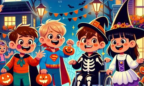 In a street decorated for Halloween, four friends stand together. Max, an 8-year-old boy with messy brown hair in a red superhero costume, smiles enthusiastically. Next to him, Leo, a 7-year-old boy with blonde hair in a pirate costume, strikes a brave pose with his plastic sword. Sam, a 9-year-old girl with brown hair in a pretty witch costume, laughs joyfully from her wheelchair. Finally, Oliver, an 8-year-old boy with black hair in a ghost costume, dances while waving his arms. 

The scene takes place in a lively street illuminated by pumpkin-shaped lanterns and ghost garlands hanging from the trees. The houses are adorned with spider webs and spooky decorations, creating a magical yet slightly mysterious atmosphere. 

The friends are about to knock on the door of a dark house where a large friendly ghost awaits them with a smile. They are all excited and a bit nervous, but their friendship makes them brave.