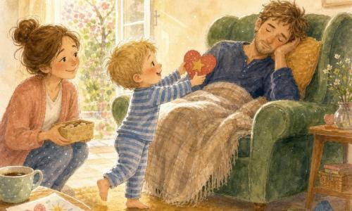 A tender morning scene: a 4-year-old blond boy with rosy cheeks in blue-and-white striped pajamas stands on tiptoe in the foreground, smiling and holding a red paper heart with a large yellow sticker toward his sleeping father; the father, about 35, with light stubble and messy brown hair, sleeps in a green velvet armchair under a soft blanket with one hand on a pillow; the mother, about 32, with chestnut hair in a bun, crouches nearby holding a small cookie tin and smiling; the cream-walled bedroom bathed in golden morning light has a mustard round rug, an open window showing a flowered garden, a garland of hearts, scattered wooden toys, a stack of children's drawings, and a half-empty coffee cup; warm pastel watercolor tones with soft lines and white highlights convey a quiet, loving moment.