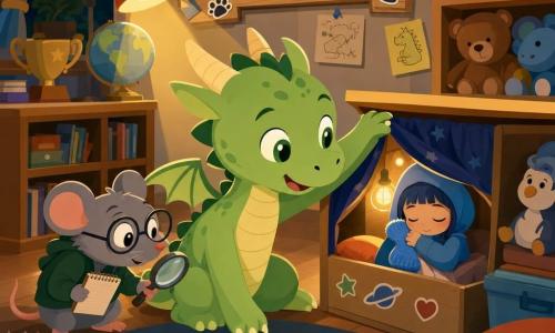 Un pequeño dragón verde claro de aspecto infantil con alas y cuernos diminutos, expresión sorprendidamente amable, extiende una pata hacia una caja de juguetes donde, tras una cortina, duerme Mimi, una niña diminuta con capucha azul y un calcetín pelucheado; a la izquierda, Lolo, una rata gris con gafas redondas y lupa, observa curioso; todo en una habitación infantil convertida en cuartel general con suelo de madera, alfombra redonda, estanterías bajas con peluches, luz cálida de mesita y un cartel “QG de la Investigacion”, momento de descubrimiento cálido y amistoso con luz dorada.