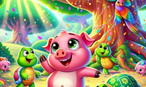 Un cerdo alegre llamado Pipo, con un pelaje rosa brillante y ojos llenos de curiosidad, baila con entusiasmo bajo un gran árbol. Tiene una amplia sonrisa y sus pequeñas orejas apuntan hacia el cielo, mientras gira sobre sí mismo, con las patas levantadas en el aire. A su lado, una tortuga llamada Tula, con un caparazón verde decorado con patrones coloridos, lo observa con una mirada divertida, sus ojos redondos brillando de alegría. Ella se encuentra sobre una piedra, ligeramente apartada, moviendo las patas al ritmo de la música. Al fondo, un loro colorido llamado Lolo, con plumas rojas, amarillas y azules, vuela en círculos, cantando alegremente. La escena se desarrolla en un bosque encantado, rodeado de grandes árboles de hojas verdes y un suelo cubierto de flores multicolores. Rayos de sol se filtran a través de las ramas, creando destellos de luz en el aire. En el centro de la imagen, Pipo y sus amigos celebran una fiesta alegre, bailando y riendo juntos, rodeados de sombreros coloridos que vuelan por el aire, ilustrando el espíritu de amistad y felicidad compartida.