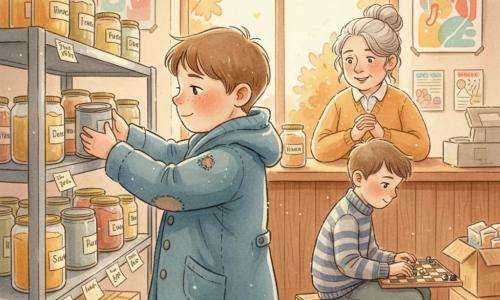 A 12-year-old boy with a round face, light freckles and short chestnut hair looks tenderly and attentively as he places a tin can on a shelf; he wears a worn blue coat. Behind a wooden counter, a woman in her 50s with gray hair in a bun, gentle eyes and a warm smile watches him with gratitude. Another 12-year-old boy, Jake, in a slightly torn striped sweater, sits on a wooden crate beside the main boy playing checkers on a small board between them. The bright small room has metal shelves filled with labeled boxes and jars, colorful posters, stacked cartons and a large window letting in soft autumn light. The scene captures solidarity as the boy helps stock a food bank while the manager greets him and a child plays nearby; the mood is warm, attentive and serene. Dominant colors are warm ochre, brown and orange with touches of soft blue and green; visible textures include crumpled paper, handwritten labels and worn fabric. Style: light watercolor with fine contours and white gel-pen highlights, readable facial expressions and gentle gestures.