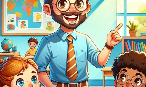 Un insegnante sorridente, Mister Luca, un uomo di circa trent'anni con capelli castani e occhiali rotondi, si trova al centro della classe. Indossa una camicia blu e pantaloni beige, e il suo viso irradia gioia ed entusiasmo mentre spiega il gioco della caccia al tesoro ai bambini. Sofia, una ragazza di 8 anni con capelli ricci e un grande sorriso, è seduta al suo banco, alzando la mano con eccitazione per fare una domanda. Accanto a lei, Tommaso, un ragazzo di 9 anni con occhiali e lentiggini, guarda attentamente Mister Luca, pronto a condividere le sue idee. La scena si svolge in un'aula luminosa, decorata con disegni colorati appesi alle pareti, con banchi di legno e una grande finestra che lascia entrare la luce del sole. I libri sono impilati su uno scaffale, e una grande mappa del mondo è appesa dietro Mister Luca. La situazione principale mostra Mister Luca che spiega con entusiasmo il gioco della caccia al tesoro, mentre i bambini, catturati, si preparano a partire per l'avventura, pieni di eccitazione e curiosità.