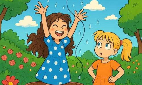 Una ragazza di 10 anni, Ginevra, con lunghi capelli castani in trecce disordinate, sorride con occhi scintillanti di eccitazione. Indossa un vestito blu a pois bianchi ed è in piedi in una vecchia tinozza di legno, con le braccia alzate verso il cielo, pronta a volare. Accanto a lei, la sua migliore amica Margherita, anch'essa di 10 anni, ha capelli biondi in due codini e un volto curioso, con le mani sui fianchi, osserva con un misto di meraviglia e incredulità. Il loro giardino è un luogo magico, pieno di fiori colorati, alberi verdi e una siepe di rose in fiore, sotto un cielo blu punteggiato di nuvole soffici e bianche. Ginevra cerca di legare la sua barca a una nuvola bassa e morbida, mentre gocce di pioggia scintillanti cadono intorno a loro, creando un'atmosfera gioiosa e giocosa.