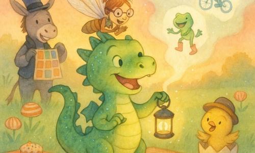 Drilo, un pequeño dragón alegre de escamas verde manzana y puntos azules, enciende en una tarima una minilámpara que proyecta escenas cómicas en humo; Lila, una libélula con gafas y un minicuaderno, aplaude desde su hombro derecho; a la izquierda, un vendedor de burritos —un burro con sombrero de copa— sostiene cartas coloridas y sonríe; junto a la tarima un pollito sale de un huevo en pose cómica; todo ocurre en un prado al atardecer con hierba suave, flores rayadas, guirnaldas entre hongos y mantas con mesas bajas, mientras la multitud de criaturas ríe y señala.