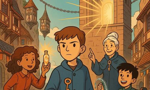 Ci sono quattro personaggi: Aurelio, ragazzo di 12 anni, capelli castani corti, volto serio, cappotto blu semplice, tiene una piccola chiave di bronzo nella mano destra e una mappa arrotolata sotto il braccio, al centro; Mira, ragazza di 12 anni, capelli castani ricci, taccuino alla cintura, porta una piccola fiala di vetro con un raggio di luce dorata, a sinistra di Aurelio, leggermente inclinata verso il campanile; Nadir, ragazzo di 12 anni, capelli neri, sorridente, su una sedia a rotelle decorata in rame, tiene un filo d'acqua su un nastro di seta che luccica, a destra di Aurelio; Ligeia, donna anziana coi capelli bianchi raccolti, cappotto blu profondo e una spilla a forma di chiave sul petto, appoggiata presso il grande muro del campanile sullo sfondo, sguardo benevolo e mano che indica il quadrante vuoto. Luogo: un campanile alto e slanciato senza campane con un grande quadrante circolare vuoto in cima; la città è sospesa tra due scogliere, case di legno e vetro appese a catene d'argento scintillanti, tetti spioventi, bandiere colorate, botteghe e selciato illuminati da una luce dorata di mezzogiorno, cielo verde-azzurro, ombre nette. Situazione: i tre ragazzi presentano al campanile una fiala con un raggio di sole, un filo d'acqua su nastro di seta e la piccola chiave di bronzo; la ragazza porge la fiala, il ragazzo centrale mostra la chiave, il ragazzo in carrozzina tiene il filo d'acqua; una porta di luce inizia ad aprirsi nel quadrante vuoto con raggi caldi che filtrano, composizione dinamica, espressioni concentrate ed emozionate, tono d'avventura, luci calde e toni legnosi per la città.