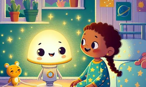 Um pequeno abajur chamado Lumin, com uma base redonda e um abajur amarelo brilhante, brilha suavemente em um quarto infantil. Ele tem uma expressão alegre, mas um pouco nervosa, suas pequenas lâmpadas cintilando como estrelas. Ao lado dele, uma menina chamada Ana, com cabelos castanhos trançados e um pijama azul com estrelas, observa Lumin com um sorriso tranquilizador, seus olhos brilhando de admiração. Ela está sentada em sua cama, cercada por pelúcias coloridas, e parece tranquila pela luz de Lumin. O quarto é decorado com paredes em tons pastéis, com pôsteres de planetas e constelações, e uma janela aberta deixa entrar a suave luz da lua. A cena principal mostra Lumin iluminando o quarto, enquanto Ana, com um olhar curioso, descobre que as sombras dançam nas paredes, transformando seu medo do escuro em uma aventura mágica.