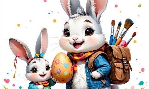 Max, der kleine Osterhase, ist ein bezaubernder Charakter mit weichem, flauschigem Fell, großen aufrechten Ohren und funkelnden Augen vor Aufregung. Er trägt einen kleinen Rucksack voller Pinsel und leuchtender Farben und lächelt fröhlich, während er ein bunt bemaltes Holz-Ei hält. Neben ihm ist Lila, seine kleine Schwester, ein Hase mit seidigem Fell und strahlenden Augen, die vor Freude hüpft und ein goldenes Ei in ihren Pfoten hält. Sie hat ein großes Lächeln im Gesicht, voller Begeisterung und Neugier. Die Szenerie ist ein strahlender Frühlingsgarten, gefüllt mit bunten Blumen, schwirrenden Schmetterlingen und blühenden Bäumen, unter einem hellblauen Himmel mit flauschigen weißen Wolken. Die Hauptszene zeigt Max und Lila, die Ostereier bemalen, umgeben von leuchtenden Farben und Lachen, während die Sonne fröhlich auf ihre fröhliche Tätigkeit scheint.
