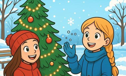 Ein 10-jähriges Mädchen, Mia, mit langen braunen Haaren und rosigen Wangen, lächelt erstaunt, während sie einen großen, festlich geschmückten Weihnachtsbaum mit glitzernden Lichtern hält. Sie trägt eine dicke rote Jacke, eine Wollmütze und passende Handschuhe, ihre Augen leuchten vor Freude. Neben ihr steht ihre beste Freundin Lena, ebenfalls 10 Jahre alt, mit geflochtenem blonden Haar und einem strahlenden Lächeln, die sanft fallende Schneeflocken aufnimmt. Der Park ist eine wahre Winterlandschaft mit schneebedeckten Bäumen, mit Reif verzierten Holzbänken und einem hellblauen Himmel, der mit weißen Wolken gesprenkelt ist. In der Ferne spiegelt ein kleiner gefrorener Teich das Sonnenlicht wider, während Vögel fröhlich in der Luft fliegen. Mia und Lena sammeln Blätter und Samen, begeistert von der Schönheit der winterlichen Natur und kreieren eine Sammlung von Winterschätzen.