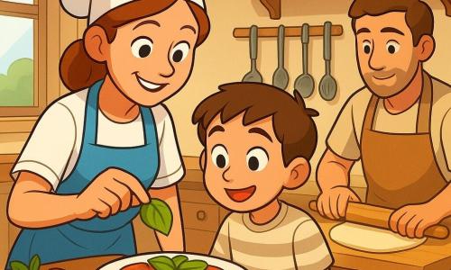 Una chef cuoca, Sofia, con un sorriso caloroso, indossa un grembiule blu e un cappello da chef bianco. Sta mostrando a un ragazzino come aggiungere una foglia di basilico su un piatto. Il bambino, di circa 7 anni, ha i capelli castani e indossa una maglietta a righe, guarda il piatto con meraviglia. Accanto a Sofia, Marco, un uomo sulla trentina, prepara una pasta frolla su un piano di lavoro in legno. La cucina è luminosa, con scaffali pieni di spezie colorate, utensili appesi e una grande finestra che lascia entrare la luce del sole. La scena principale mostra Sofia e il bambino concentrati sulla decorazione del piatto, con ingredienti freschi e colorati intorno a loro, creando un'atmosfera gioiosa e ispirante.