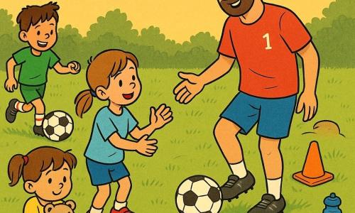 A warm‑smiling man (Sam) in a soft red T‑shirt with a small white number, blue shorts and clean soccer shoes gently taps a black‑and‑white ball with his right foot; nearby a shy 4‑year‑old girl (Mia) with brown pigtails in a yellow dress hugs a beige teddy while clapping on a wooden bench to the left; a sweaty 9‑year‑old boy (Ben) in a green jersey runs toward orange cones smiling while controlling the ball with his foot; an 8‑year‑old girl (Lili) with a light‑brown ponytail in a light‑blue jersey stands near Sam with hands up ready to receive a pass; the grassy field has small orange cones, a faint white line, a wooden bench, a blue water bottle on the grass and an orange late‑afternoon sky with a low sun; a friendly training scene with the ball rolling among children, a knocked‑over cone, kind calm faces, sharing gestures, bright colors, clear outlines and simple expressions suitable for toddlers.