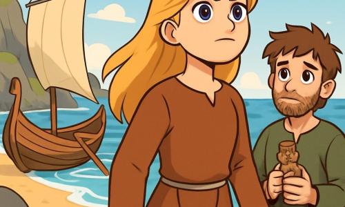 Signy, a young woman with long blonde hair wearing a brown wool tunic, stands on the beach with a determined look and a courageous expression. Her eyes shine with hope as she gazes at the calm sea before her. Beside her, Ulf, a 15-year-old boy with messy brown hair and a budding beard, stands slightly back, his features marked by concern but also gratitude. He holds a small carved wooden object in his hands, looking at Signy with admiration. The setting is a Nordic beach lined with steep rocks and gentle waves crashing on the shore. The sky is a light blue dotted with white clouds, and islands can be seen on the horizon, creating a peaceful yet mysterious atmosphere. The main scene shows Signy and Ulf preparing to board a small wooden boat, the Storm Gull, waiting on the sand. Signy adjusts the sail with determination while Ulf, a mix of excitement and nervousness, looks at the sea, ready to embark on an adventure to find his home.