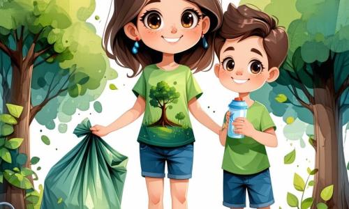 Una ragazza di 12 anni, Sofia, si trova al centro dell'immagine, con grandi occhi brillanti e capelli castani ondulati, indossando una maglietta verde con un disegno di albero e un pantaloncino di jeans. Sorride con determinazione, tenendo un sacchetto di rifiuti in una mano e un bicchiere di plastica nell'altra, mostrando il suo impegno per l'ambiente. Accanto a lei, il suo migliore amico, Luca, un ragazzo di 12 anni con capelli biondi corti e occhiali tondi, sta raccogliendo rifiuti con un grande sorriso, vestito con una maglietta blu e pantaloni rossi. Si piega leggermente, cercando un rifiuto nascosto nell'erba. Sullo sfondo, il parco di Verdonia è vibrante di colori, con alberi verdi, fiori vivaci e un cielo azzurro chiaro punteggiato di nuvole bianche. Famiglie e bambini giocano gioiosamente, mentre altri adulti si uniscono alla raccolta di rifiuti, creando un'atmosfera di cameratismo e impegno comunitario. La scena principale mostra Sofia e Luca in azione, circondati da sacchi di rifiuti, simboleggiando la loro lotta contro l'ansia climatica e il desiderio di rendere il mondo migliore.