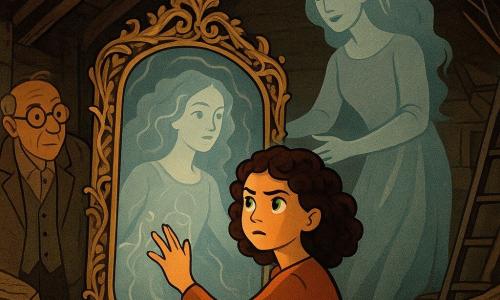 A 10-year-old girl with dark chestnut curly hair and bright green eyes, determined but slightly frightened, holds a large antique gilded mirror carved with vines and animals in a dusty attic. A spectral woman, Elara (about 30–40), moonlight-translucent in a floating pearl-gray dress, stands behind her, gently reaching toward the mirror. An elderly librarian in dusty tweed and round glasses watches from the attic entrance. The cluttered attic has dark beams, covered bundles, a metal ladder, and silvery cobwebs; slivers of light filter through. The mirror's surface is slightly blurred with silver-mist swirls that whisper, partially merging the reflections of the girl and Elara; the girl touches the mirror, activating a cold trembling glow—dark, mysterious, and slightly unsettling with strong contrasts and rich textures.
