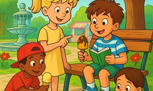 Są cztery dzieci: Kuba (7 lat) — rozczochrane brązowe włosy, niebiesko-biała koszulka, zielone spodenki, siedzi na ławce po prawej, trzyma zielnik i topniejącą loda mango-czekolada, zachwycony; Zosia (8 lat) — blond w kucyku, jasna żółta sukienka, stoi po lewej, uśmiechnięta, pokazuje Kubie coś w notesie, spokojna i życzliwa; Staś (7 lat) — jasnobrązowe włosy, czerwony t-shirt, czapka na odwrót, kuca z przodu po lewej, trzyma łyżeczkę i parujący lód cytrynowy, figlarny, ręka na kole roweru; Maja (7 lat) — brązowe warkocze, miętowy t-shirt, jasna spódnica, siedzi na trawie z przodu, składa patyczki na domek dla biedronek, skupiona i radosna. Miejsce: słoneczny park przy kamiennej okrągłej fontannie, wysadzana jasnymi kostkami alejka, zużyta drewniana ławka, soczyście zielona trawa pod dużym dębem, pastelowy budka z lodami i kilka czerwonych i żółtych kwiatów w tle. Sytuacja: dzieci dzielą się lodami w cieniu dębu, budują domek dla biedronek z patyczków i liści, Kuba zapisuje trzy małe radości w notesie; scena ciepła, przyjazne wyrazy twarzy, krople topniejących lodów i odblaski na fontannie.
