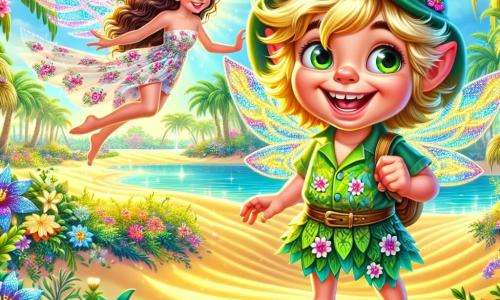 A mischievous sprite named Pippin, with shimmering wings in bright colors, sports a big joyful smile. His hair is messy and vibrant green, and he wears a small pointed hat adorned with flowers. Pippin flies above a magical oasis, his sparkling eyes filled with excitement as he shows Lila a secret path. Lila, an 8-year-old girl with long curly hair and bright green eyes, wears a light floral-patterned dress and stands on the golden sand, hands on her hips, with a determined expression. She looks at Pippin with admiration. The enchanting oasis is surrounded by lush palm trees and colorful flowers swaying in the wind. The crystal-clear water reflects the blue sky, creating a magical and serene atmosphere. The main scene shows Pippin and Lila discovering an ancient secret hidden in the oasis, with rays of light emanating from the gemstones they found, illuminating their faces with wonder and joy.