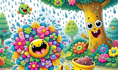 Pingo, um guarda-chuva colorido com padrões de flores e gotas de chuva, está no centro da imagem, sorrindo e dançando alegremente em uma grande poça d'água, suas pétalas brilhantes se abrindo sob a chuva. Ao lado dele, Chuca, uma bota de borracha amarela, está cheia de lama e pula com entusiasmo, seus olhos brilhando de alegria. Ao fundo, a árvore Falant, uma grande árvore com folhas verdes e olhos redondos, sorri balançando seus galhos, acrescentando um toque de magia à cena. O cenário é uma floresta encantada, com árvores coloridas, flores vibrantes e um céu cinza salpicado de gotas de chuva cintilantes. A situação principal mostra Pingo e seus amigos se divertindo juntos, espirrando água e rindo, criando uma atmosfera alegre e lúdica.