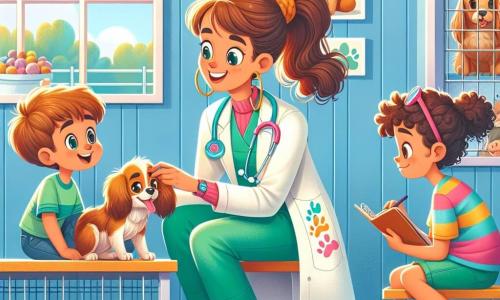A veterinarian, a smiling and compassionate woman in her thirties, is crouched next to a small brown dog with bright eyes, gently examining it. She wears a green veterinary coat decorated with animal paw prints, and her brown hair is tied in a lively ponytail. Beside her, a ten-year-old girl with curly hair and a colorful striped t-shirt watches in awe, holding a sketchbook in her hands. She sits on a bench, ready to draw the scene. The setting is a bright veterinary clinic with pastel blue walls and posters of smiling animals. Transparent cages house curious animals, and a large window lets in sunlight, illuminating the room. The main situation shows the veterinarian explaining to the children how to care for animals while the little dog, named Pickles, is being examined confidently, wagging its tail joyfully.