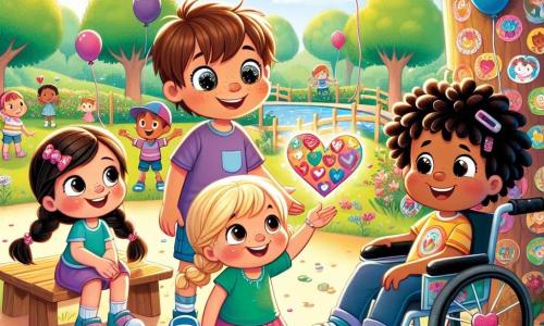 In einem sonnigen Park sind vier Kinder versammelt. Fritzi, ein 8-jähriger Junge mit zerzausten braunen Haaren und funkelnden Augen, hält ein kleines, buntes Papierherz in seinen Händen und lächelt begeistert. Neben ihm schaut Lena, ein 7-jähriges Mädchen mit geflochtenen blonden Haaren in einem rosa Kleid, neugierig auf das Herz. Tom, ein 9-jähriger Junge mit braunen Haaren und einem blauen T-Shirt, zeigt auf einen Baum und wirkt aufgeregt. Schließlich sitzt Mia, ein 8-jähriges Mädchen mit schwarzen, lockigen Haaren, in ihrem schönen Rollstuhl, der mit bunten Stickern dekoriert ist, und lacht fröhlich mit ihren Freunden. Der Park ist grün und blühend, mit Holzbänken und spielenden Kindern im Hintergrund. Bunte Ballons schweben in der Luft, und Papierherzen hängen an den Ästen der Bäume, was der Atmosphäre eine festliche Note verleiht. Die Kinder bereiten eine Schatzsuche vor, um eine geheimnisvolle "Liebe" im Park zu finden, wobei sie das Papierherz als Haupthinweis verwenden. Sie tauschen Lachen und Ideen aus, vereint im Geist von Valentinstag und Freundschaft.