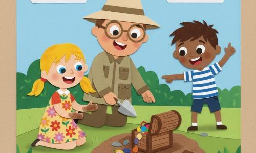 A smiling, amazed archaeologist man with a round face, large glasses, a beige wide-brimmed hat and a khaki jacket holds a small shiny trowel and leans toward the ground as if he just found a treasure; to his left kneels Lily, about 7, with blonde pigtails and a colorful floral dress, dirty hands, looking at a small box with bright eyes and a big smile; to his right stands Ben, about 6, with short brown hair and a striped T-shirt, on tiptoe pointing at a partially unearthed wooden box; they are in a sunny park with cut-paper green grass, a textured green bush, a few stones and a kraft-paper picnic area under a blue sky with torn-paper white clouds; they have dug a small hole in textured brown earth and opened an old box filled with colorful stones and trinkets, all showing expressions of wonder with simple contrasting elements and light paper-cut shadows.