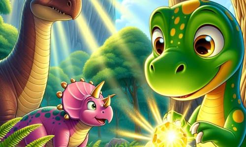 Um diplodoco chamado Dino, com pele verde e manchas amarelas, está no centro da cena, com os olhos brilhando de admiração e um grande sorriso no rosto. Sua longa cauda está enrolada em torno de uma árvore, enquanto ele toca uma pedra mágica cintilante com seu longo pescoço. Ao lado dele, Trina, uma tricerátopo com chifres majestosos e pele rosa, observa a pedra com curiosidade, seus grandes olhos redondos cheios de excitação. Rex, um jovem tiranossauro com pelagem marrom e dentes afiados, está um pouco mais atrás, com uma expressão cética, mas atenta, com as patas cruzadas. A cena ocorre em uma clareira ensolarada, cercada por grandes samambaias verdes e árvores de troncos grossos, onde raios de luz filtram através da folhagem, criando uma atmosfera mágica. Ao fundo, montanhas distantes acrescentam um toque de mistério ao cenário. Dino, maravilhado com a pedra mágica que brilha intensamente, tenta explicar a seus amigos como ela poderia ajudá-los a se comunicar e unir as diferentes espécies de dinossauros.